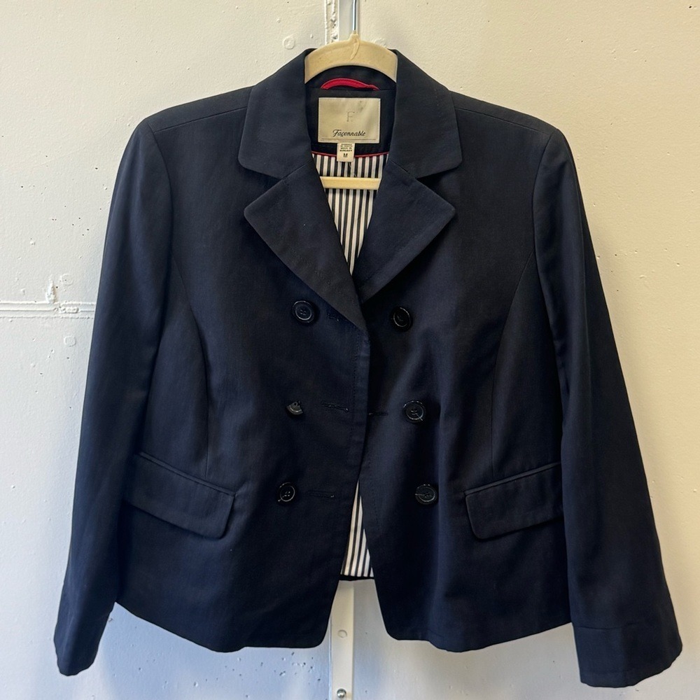 Facconable Linen Cotton Blend Double Breasted Minimalist Women's Blazer Jacket M